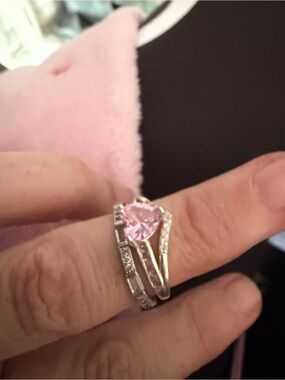 Two Silver Rings one with Pink Heart Gemstone with infinity Band Accent Stones